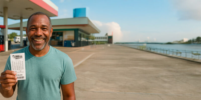 Hombre de mediana edad sonriendo mientras sostiene un boleto de lotería de Mega Millions frente a una gasolinera en Puerto Rico.